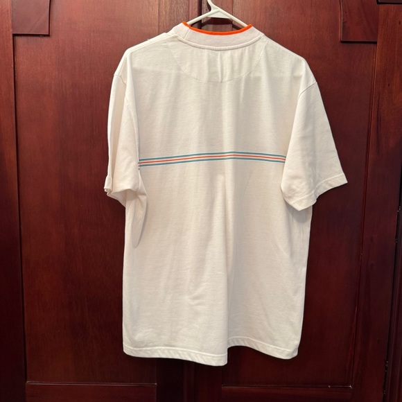Salty Brand Very Clean White t-shirt with Aqua/Orange pin strips Size Large - Picture 6 of 9